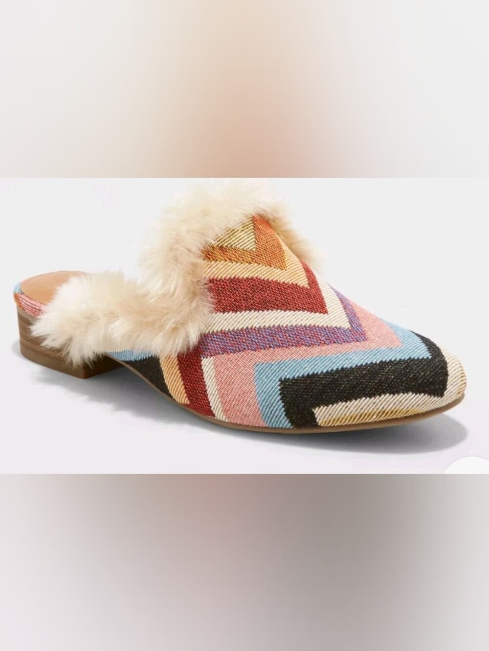 Universal Thread Multicolor Geometric Faux Fur-Trim Mule